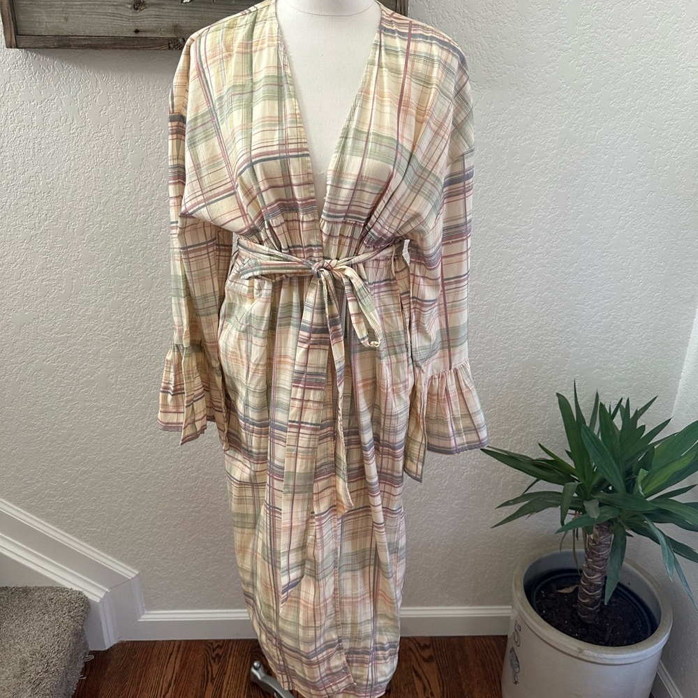 Anthropologie Plaid Belted Duster Robe with‎ Ruffle Sleeves Ladies Small NWT